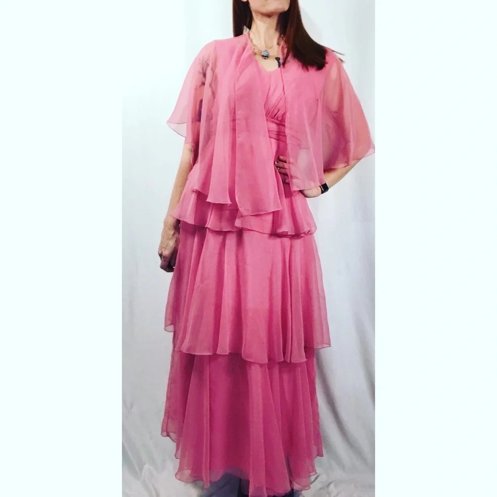 Sold—Vintage Pink Chiffon Empire Waist Maxi Dress with Matching Chiffon Cape - Picture 5 of 17